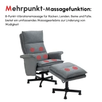 HOMCOM Massage-Bürostuhl mit Fußhocker, 8 Vibrationsköpfe, 1 Fernbedienung, 1 Seitentasche, Grau(m-4)
