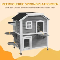 PawHut buiten kattenhuis mooi klein tuin 2 verdiepingen massief hout grijs(m-5)