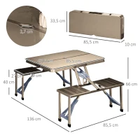 Outsunny Alu Campingtisch Klapptisch Picknicktisch Picknick-Koffer-Sitzgruppe Klapptisch-Gruppe mit 4 Sitzen Silber Alu + MDF 136 x 85,5 x 66 cm(m-3)