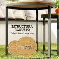Outsunny Juego de 2 Mesas de Jardín con Encimera de Madera de Acaica Diseño Listones con Marco de Acero y Pies Ajustables Teca(m-6)