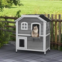 PawHut buiten kattenhuis mooi klein tuin 2 verdiepingen massief hout grijs(m-11)