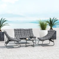 Outsunny 4-persoons tuinmeubelset, 2 stoelen, 1 dubbelsofa, 1 tafel met glasplaat, dikke kussens, stalen frame, voor terras, Grijs(m-8)