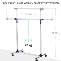 HOMCOM Garderobenständer Kleiderständer mit Rollen Höhenverstellbare und Ausziehbare Kleiderstange Wäscheständer Freistehender Garderobe für Eingangsbereich Edelstahl 86 x 45 x 95 cm(m-4)