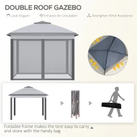 Outsunny 3.3 x 3.3m Pop Up Gazebo, Double Roof Foldable Canopy Tent with Zipped Mesh Sidewalls, Height Adjustable and Carrying Bag, Event Tent for Patio Garden, Grey(m-4)
