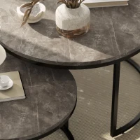 HOMCOM Industrial Nesting Coffee Table Set of 2, Round Coffee Tables, Living Room Table with Faux Marbled Top and Steel Frame(m-9)