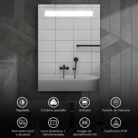 HOMCOM Espejo de Baño con Luz LED 70x50 cm con 3 Colores de Luz Función Antivaho Función de Memoria IP44(m-4)