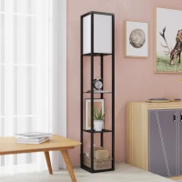HOMCOM Stehlampe mit Regalen, Stehleuchte, Holz, 26 x 26 x 160 cm, für Wohn-/Schlafzimmer (Ohne Glühbirne)(m-2)