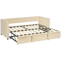 HOMCOM Cama Nido Tipo Diván 2 en 1 con Base Metálica y Tapizado Cama Inferior Extraíble para Colchones de 90x190 cm Beige(m-10)