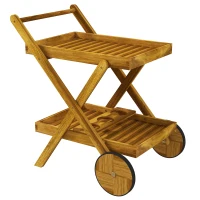 Outsunny Desserte de jardin chariot pour barbecue en bois avec 2 plateaux, 3 casiers à bouteilles et 2 roues bois naturel(m-11)