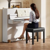 HOMCOM Ławka pianistyczna, obicie ze skóry ekologicznej, pikowane guziki, miejsce do przechowywania, nogi drewniane, Czarny(m-8)
