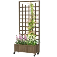 Outsunny Wooden Trellis Planter, Raised Garden Bed with Wheels, to Climb and Grow Vegetables, Herbs and Flowers, Brown(m-11)