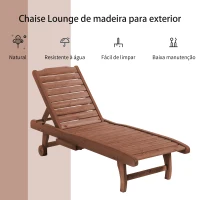 Outsunny Espreguiçadeira de Madeira para Exterior Cadeira Reclinável de Jardim com 2 Rodas para Terraço 182x60x35 cm Natural(m-7)