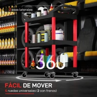 HOMCOM Carro de Herramientas con 3 Estantes Ruedas y Asas para Garaje Mecánico Hogar Carga 91 kg Rojo y Negro(m-5)