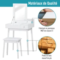 HOMCOM Coiffeuse Table de Maquillage avec Tabouret Miroir Rabattable Coffre + 2 tiroirs MDF Bois Massif pin Blanc(m-4)