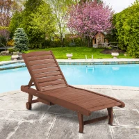 Outsunny Outdoor Wooden Lounger Chair, Sun Bed with Built-In Table, Adjustable Backrest and Wheels, Red Brown(m-2)