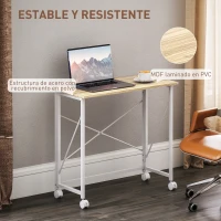 HOMCOM Escritorio Plegable con Ruedas y Estructura Resistente Ideal para Oficina y Estudio 80x40x75 cm Natural y Blanco(m-6)