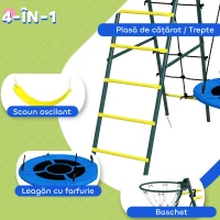 Outsunny Set de Leagan pentru Copii 4 in 1 cu Leagan cu Farfurie, Scaun, Scara/Plasa de Catarat, Cos de Baschet, Galben(m-5)