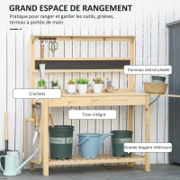 Outsunny Table de rempotage - table de jardinage avec 2 étagères, tiroir, tablette rabattable, 8 crochets, évier, tamis, tableau noir - table de plantation bois sapin(m-4)