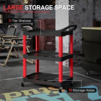 HOMCOM 3-Tier Rolling Tool Cart, Tool Trolley on Wheels, Plastic Mobile Service Utility Cart with Handles for Garage, Mechanics and Warehouse, 91kg Capacity, Black and Red(m-4)