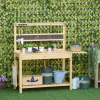 Outsunny Table de rempotage - table de jardinage avec 2 étagères, tiroir, tablette rabattable, 8 crochets, évier, tamis, tableau noir - table de plantation bois sapin(m-2)