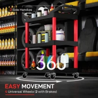 HOMCOM 3-Tier Rolling Tool Cart, Tool Trolley on Wheels, Plastic Mobile Service Utility Cart with Handles for Garage, Mechanics and Warehouse, 91kg Capacity, Black and Red(m-5)