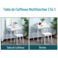 HOMCOM Coiffeuse Table de Maquillage avec Tabouret Miroir Rabattable Coffre + 2 tiroirs MDF Bois Massif pin Blanc(m-5)