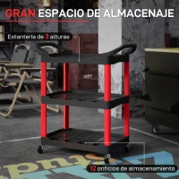 HOMCOM Carro de Herramientas con 3 Estantes Ruedas y Asas para Garaje Mecánico Hogar Carga 91 kg Rojo y Negro(m-4)