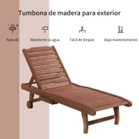 Outsunny Tumbona de Madera Exterior Silla Reclinable de Jardín con 2 Ruedas Respaldo Ajustable y 1 Bandeja Carga 130 kg Natural(m-7)
