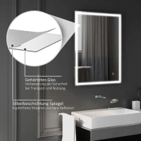 HOMCOM Badkamerspiegel met LED Verlichting 90x70 cm Wandspiegel met Memory-Functie en 3 Lichtkleuren Zilver(m-7)