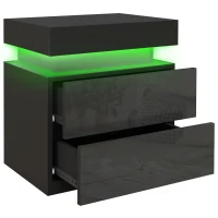 HOMCOM Black Bedside Table with LED Light, High Gloss Front Nightstand with 2 Drawers, for Living Room, Bedroom(m-11)
