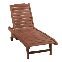 Outsunny Outdoor Wooden Lounger Chair, Sun Bed with Built-In Table, Adjustable Backrest and Wheels, Red Brown(m-11)