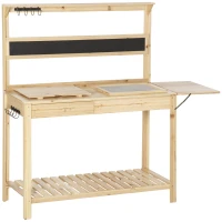 Outsunny Table de rempotage - table de jardinage avec 2 étagères, tiroir, tablette rabattable, 8 crochets, évier, tamis, tableau noir - table de plantation bois sapin(m-1)