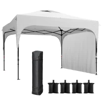 Outsunny Tenda Dobrável com Altura Ajustável 1 Parede Lateral Teto com Ventilação 4 Sacos de Areia e Bolsa de Transporte 3x3 m Branco(m-1)