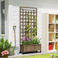 Outsunny Wooden Trellis Planter, Raised Garden Bed with Wheels, to Climb and Grow Vegetables, Herbs and Flowers, Brown(m-2)
