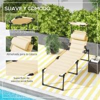 Outsunny Tumbona de Jardín con Toldo Ajustable Respaldo Regulable en 4 Niveles Reposacabezas para Terraza 70x200x45 cm Crema(m-6)
