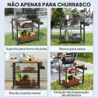 Outsunny Carrinho de Apoio para Barbecue de 3 Níveis com 4 Rodas Prateleiras Mesa de Apoio para Forno de Pizza 105x50x79 cm Preto(m-7)