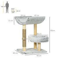 PawHut Abre à chat avec griffoir 1 niche supérieure avec coussin lavable 1 niche ronde peluche hauteur 60 cm gris(m-3)