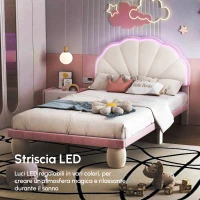 Letto Imbottito con Striscia LED Multicolore, Testiera Ondulata e Gambe Imbottite, Senza Materasso, in Velluto, 90×200 cm, Bianco e Rosa(m-4)