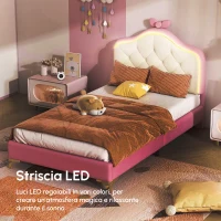 Letto Imbottito con Striscia LED, Testiera con Fiocco Rosa, Rivestimento in PU, Senza Materasso, 90×200 cm, Bianco e Rosa(m-4)