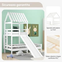 Letto a Casetta con Scivolo, Letto a Castello con Protezione Anticaduta e Sponde, Senza Materasso, in Legno, 200x90cm & 100x90cm, Bianco(m-4)