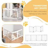 PawHut Freestanding Pet Gate 4 Panel Wooden Dog Barrier Folding Safety Fence with Support Feet up to 204cm Long 61cm Tall for Doorway Stairs White(m-6)