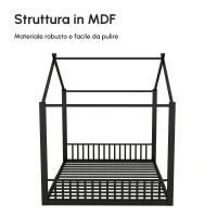 Lettino Moderno per Bambini 4+ Anni con Struttura in Metallo, a Forma di Casa, Senza Materasso, 140×200 cm, Nero(m-4)