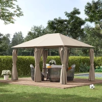 Outsunny Gazebo da Giardino 4x3m con 6 Tende Rimovibili, Struttura in Metallo e Telo in Poliestere Beige(m-2)