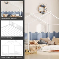 Letto Montessori a Forma di Casa con Struttura in Metallo e MDF, Letto per Cameretta per Bambini 4+ Anni, Senza Materasso, 140×200 cm, Bianco(m-5)