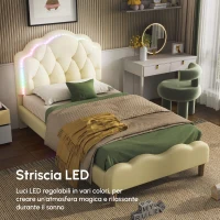 Letto Imbottito con Striscia LED, Testiera Ondulata e Doghe In Legno, Letto per Cameretta in PU, Senza Materasso, 90×200 cm, Bianco(m-4)