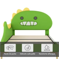 Letto Imbottito per Bambini 4+ Anni a Forma di Dinosauro con Doghe in Legno, Rivestimento in Pelle PU, Senza Materasso, 90×200 cm, Verde(m-4)