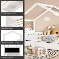 Letto a Casetta per Bambini con Due Cassetti e Lavagna, Rete a Doghe in Legno di Pino, Senza Materasso, 90 x 200 cm, Bianco(m-4)