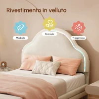 Letto Imbottito con Testiera a Nuvola e Striscia LED, 14 Doghe in Legno, Rivestimento in Velluto, Senza Materasso, 90x200 cm, Bianco(m-5)