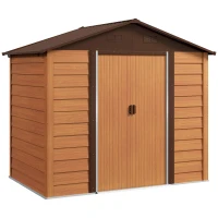Outsunny Casetta da Giardino in Acciaio Effetto Legno con Doppie Porte Scorrevoli, 236x196x208 cm, Marrone(m-11)