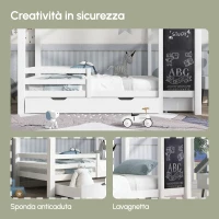 Letto per Cameretta, 6+ Anni con Lavagna e Recinzione, 2 Cassetti, Struttura in Pino 90x200 cm, Bianco(m-5)